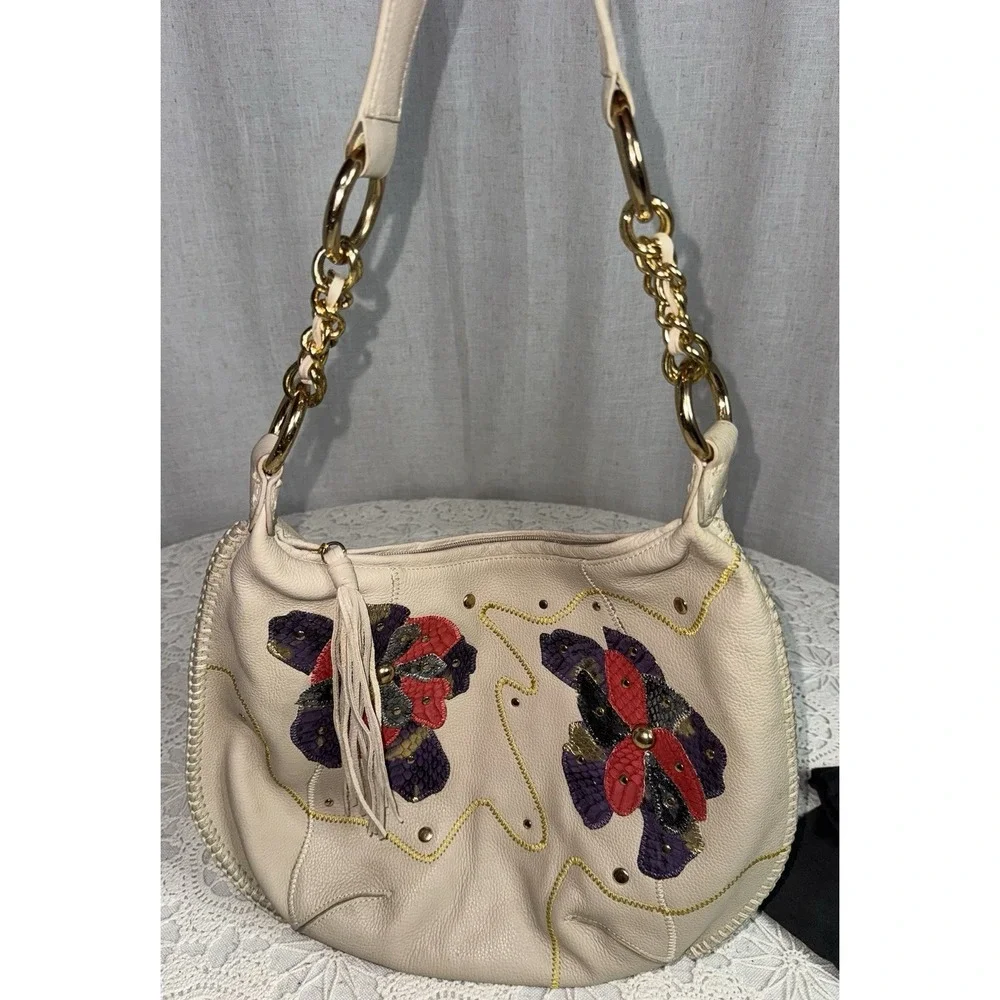 Vtg NEW Chi by Falchi Floral Leather Pebbled Shoulder Handbag SnakeSkin‎ Cream